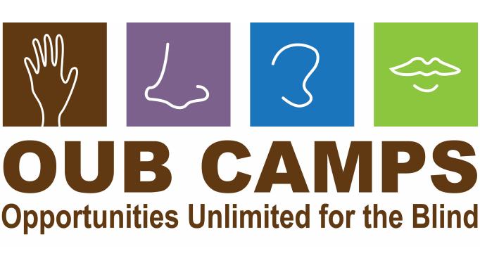 Opportunities Unlimited for the Blind / OUB CAMPS logo with that writing in brown on a white surround.  Above that are sketches of a hand, a nose, an ear and a mouth, each in white on a different bright color surround.